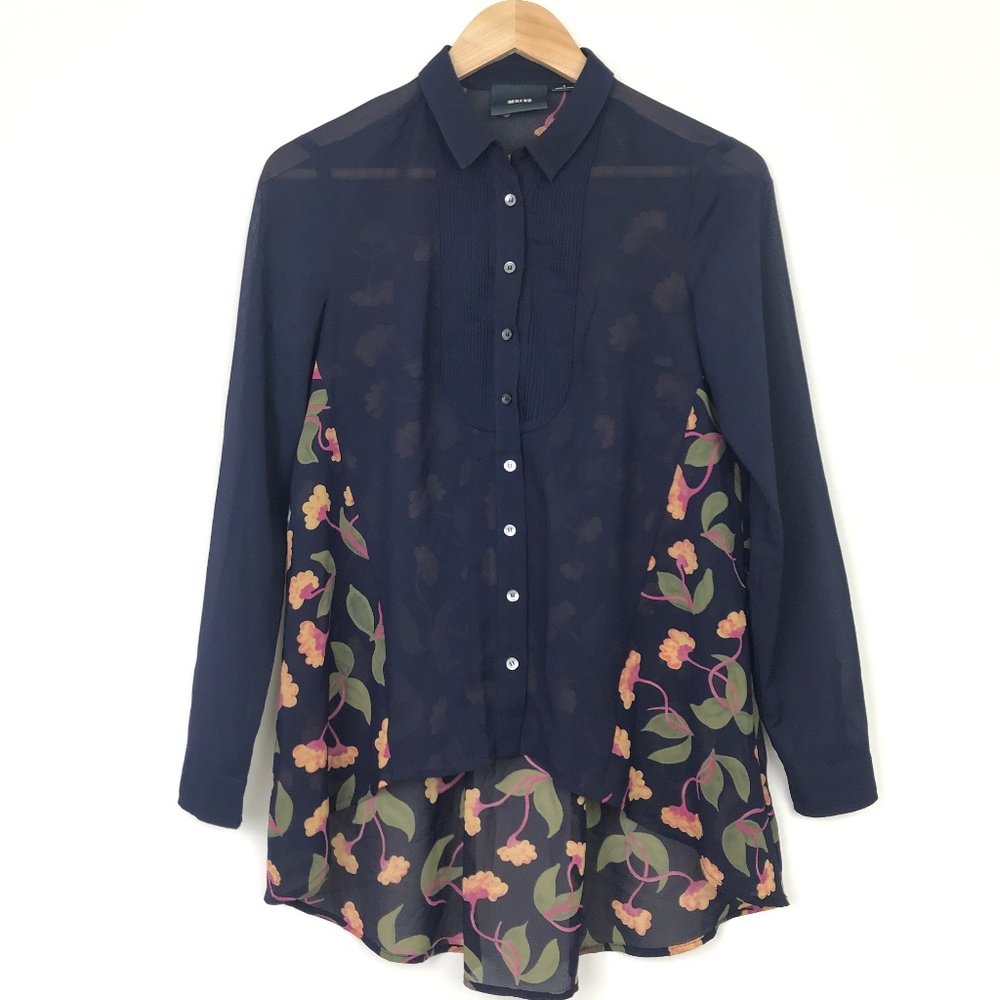 [3 for $15] Maeve Hi Low Long Sheer Blouse Floral Navy Blue 0